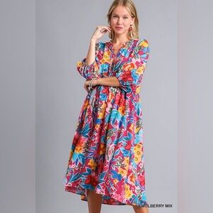 Umgee Full Size Floral Print Tie Neck Midi Dress with Pockets Plus Size
